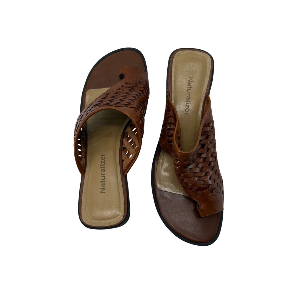 Naturalizer Womens Brown Woven Leather Toe Loop Block Heel Slide Sandals 8M